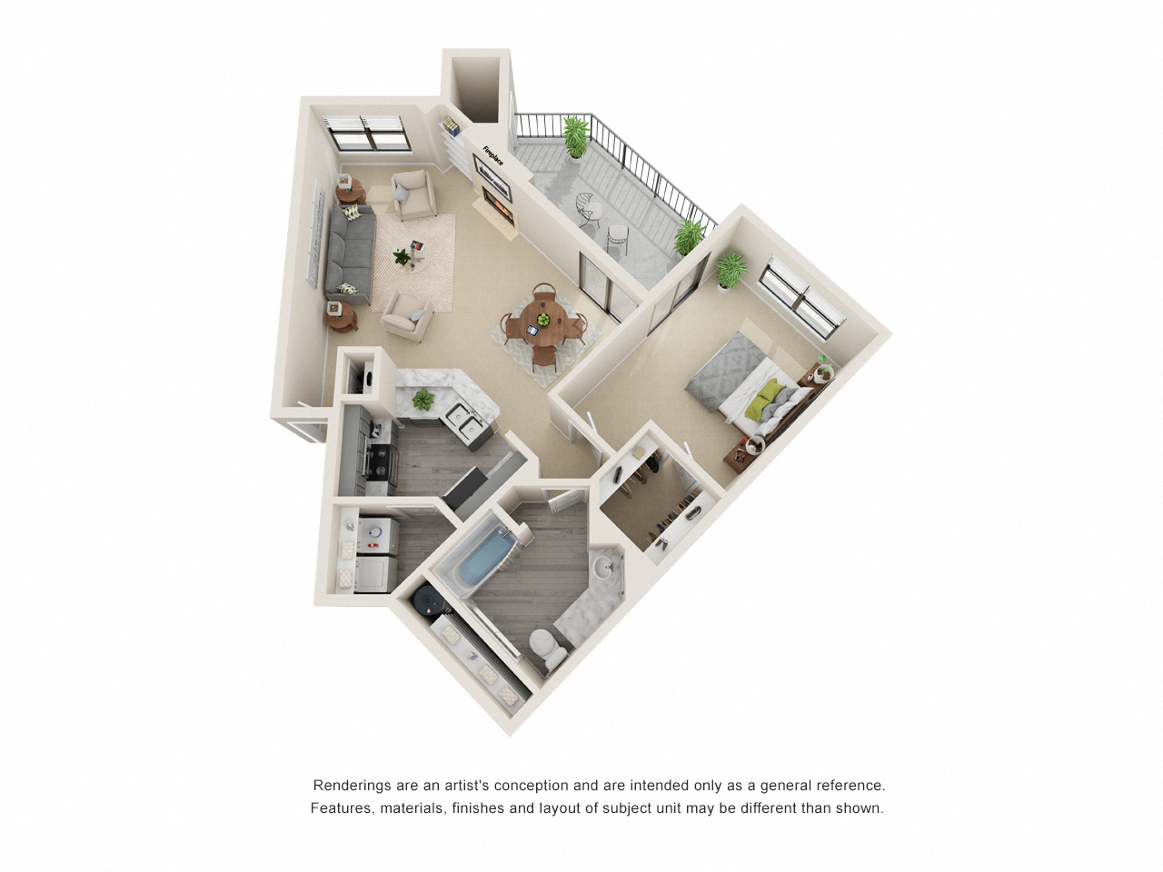 Floor plan for 1 bed, 1 bath, 854 sqft